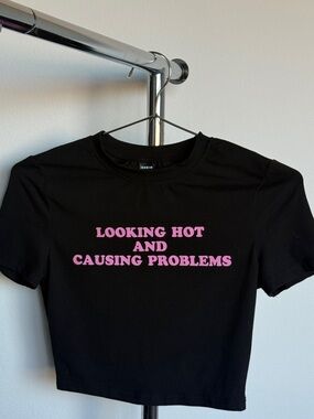 SHEIN Black Crop Tee with Pink Slogan Text